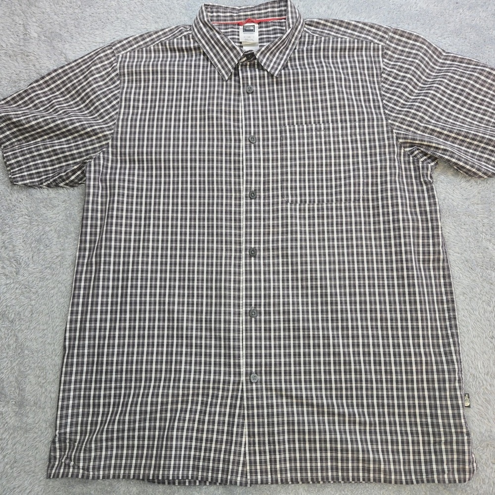 The North Face Mens Large Short Sleeve Button Up Plaid Shirt Grey White Check